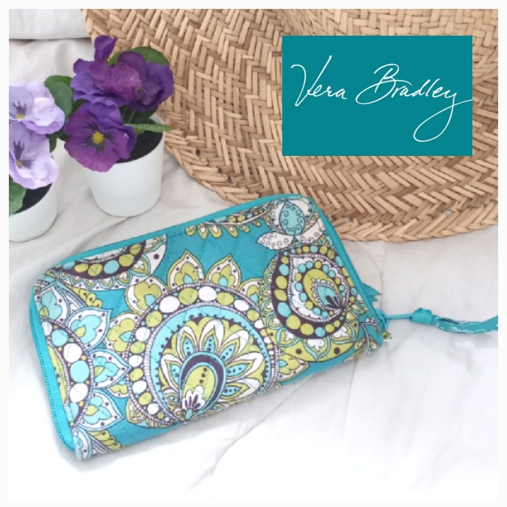 NWOT Vera Bradley Teal/Yellow Pasley Print Zipper Around Wallet w/Wristl…